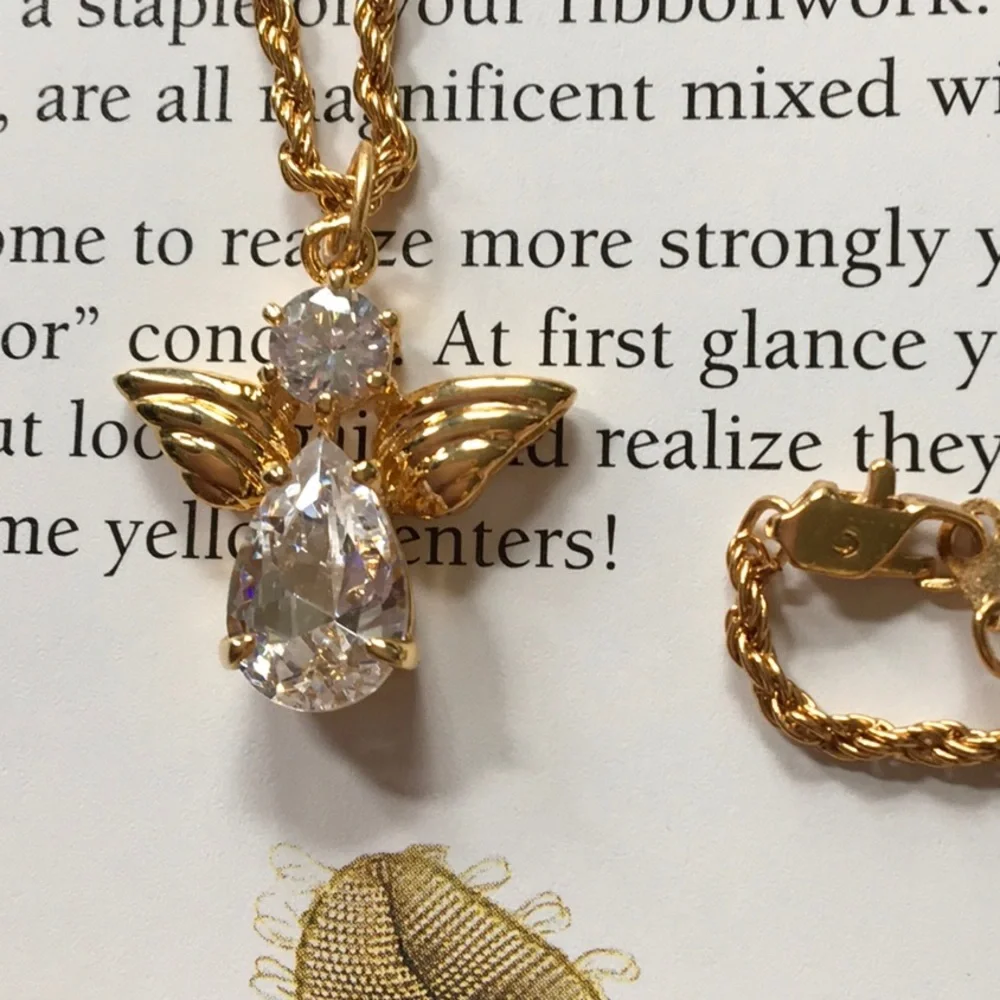 Cubic Zirconia Guardian Angel Protection Necklace Gold Tone NWOT